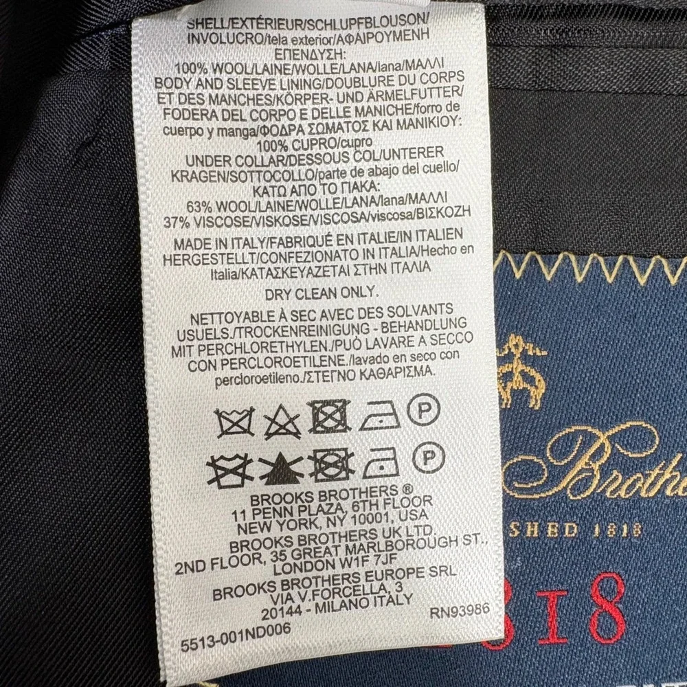 Brooks Brothers Suit Jacket 45R Black 1818 Madison Fit Estrato Italy Wool Blazer